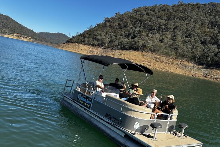 People on a pontoon boat on a lake with forested hills in the background on a sunny day.